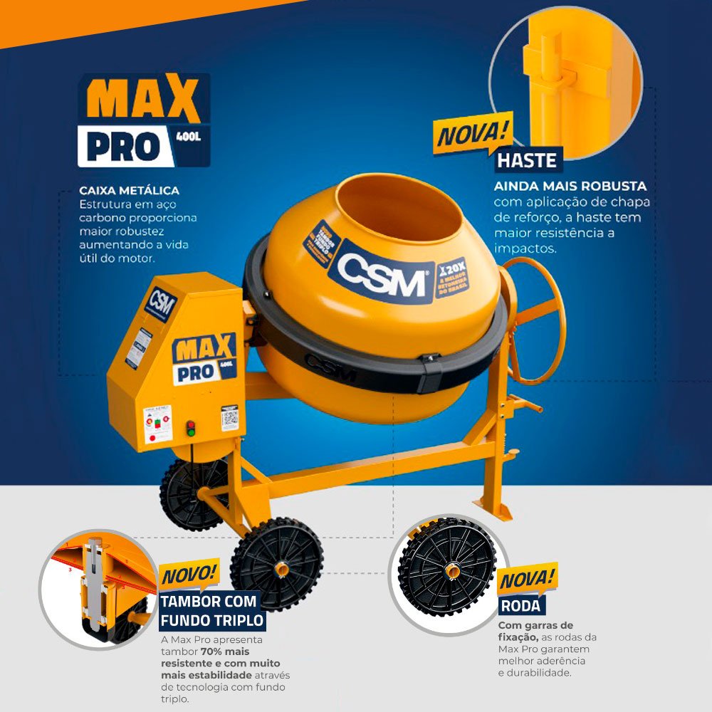 Betoneira CSM Max Pro 400L — vista lateral do tambor